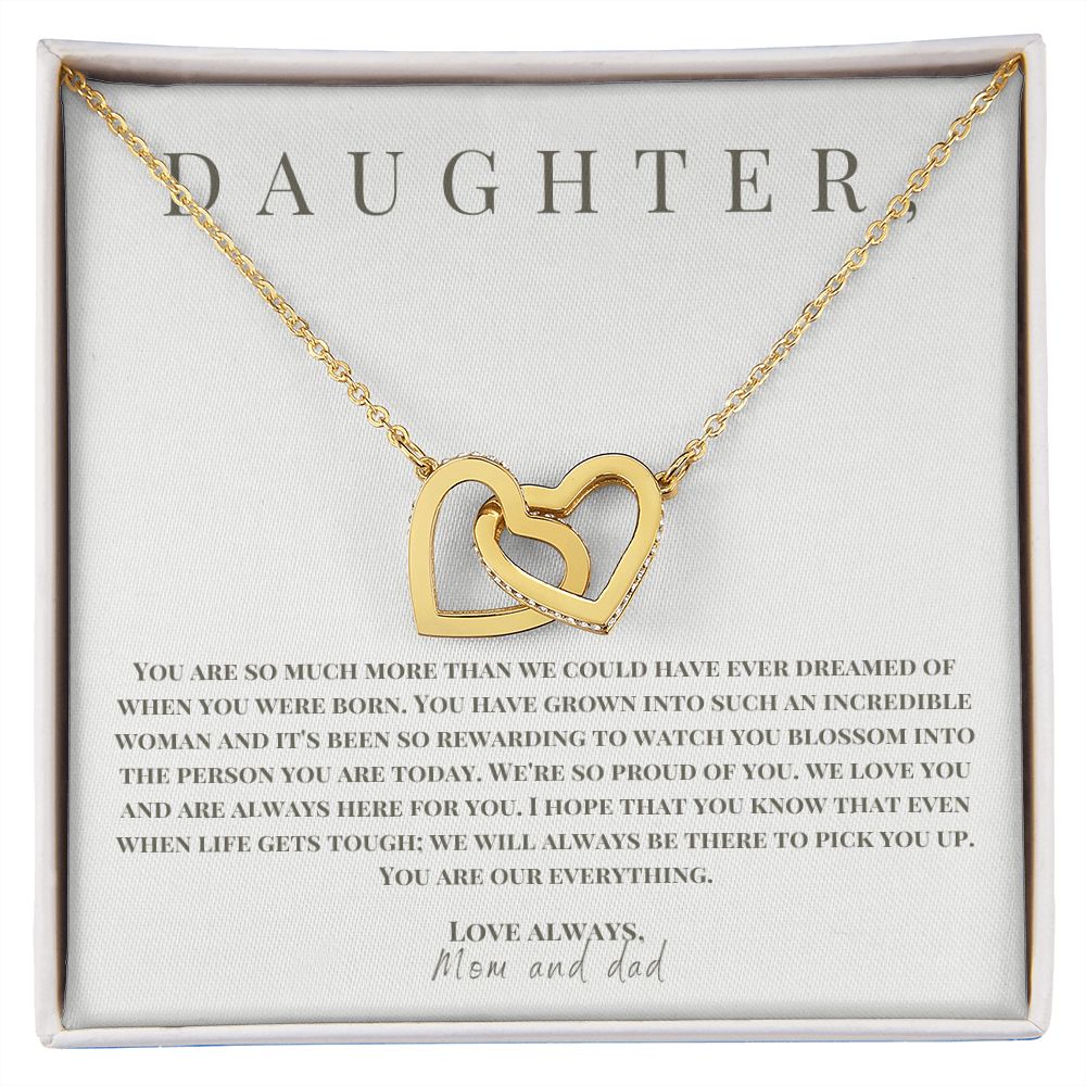 Interlocking Hearts' Necklace: Daughter - Love Mom and Dad