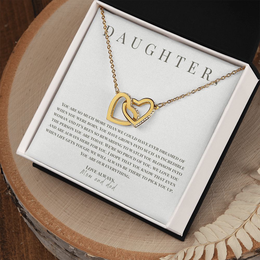 Interlocking Hearts' Necklace: Daughter - Love Mom and Dad