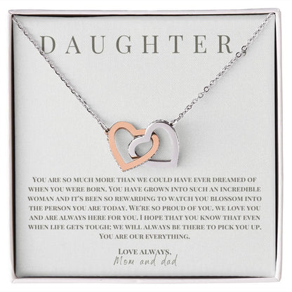 Interlocking Hearts' Necklace: Daughter - Love Mom and Dad