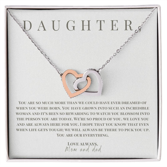 Interlocking Hearts' Necklace: Daughter - Love Mom and Dad