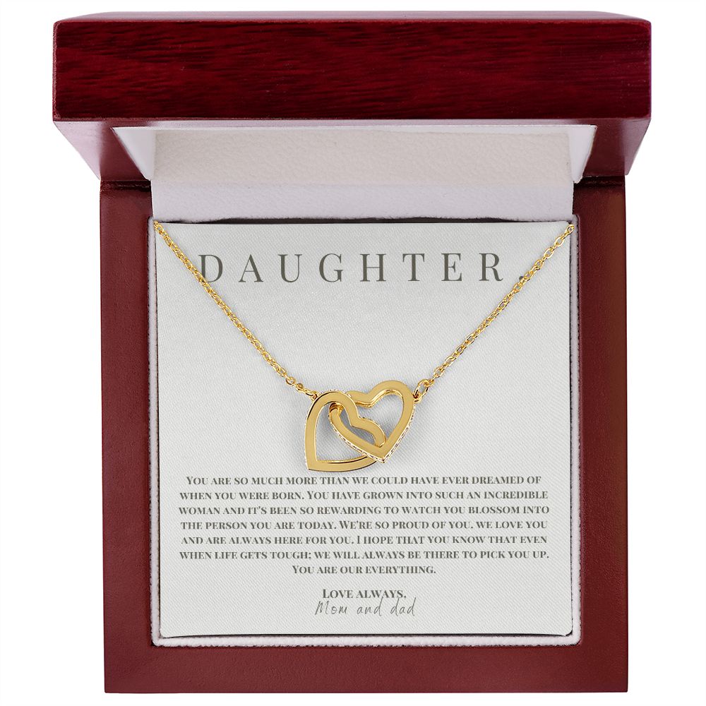 Interlocking Hearts' Necklace: Daughter - Love Mom and Dad