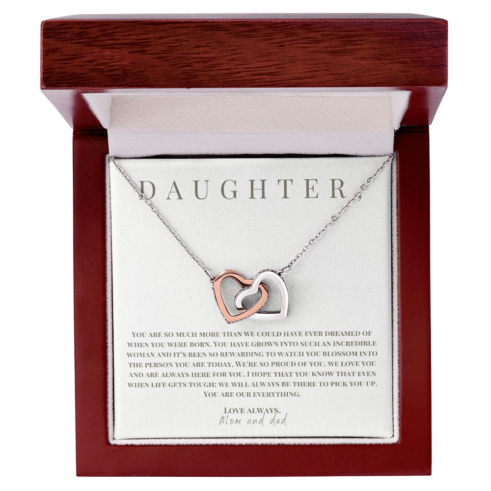 Interlocking Hearts' Necklace: Daughter - Love Mom and Dad
