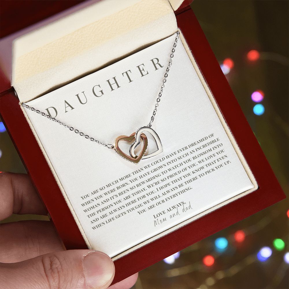Interlocking Hearts' Necklace: Daughter - Love Mom and Dad